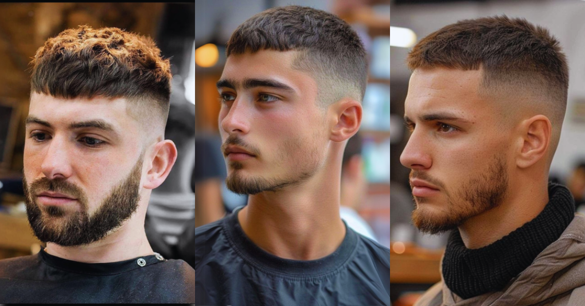 Trendy short fade haircuts for men with textured top, buzz cut fade, and crew cut styles