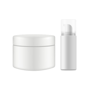 Two white, unbranded cosmetic containers; one jar and one pump bottle.