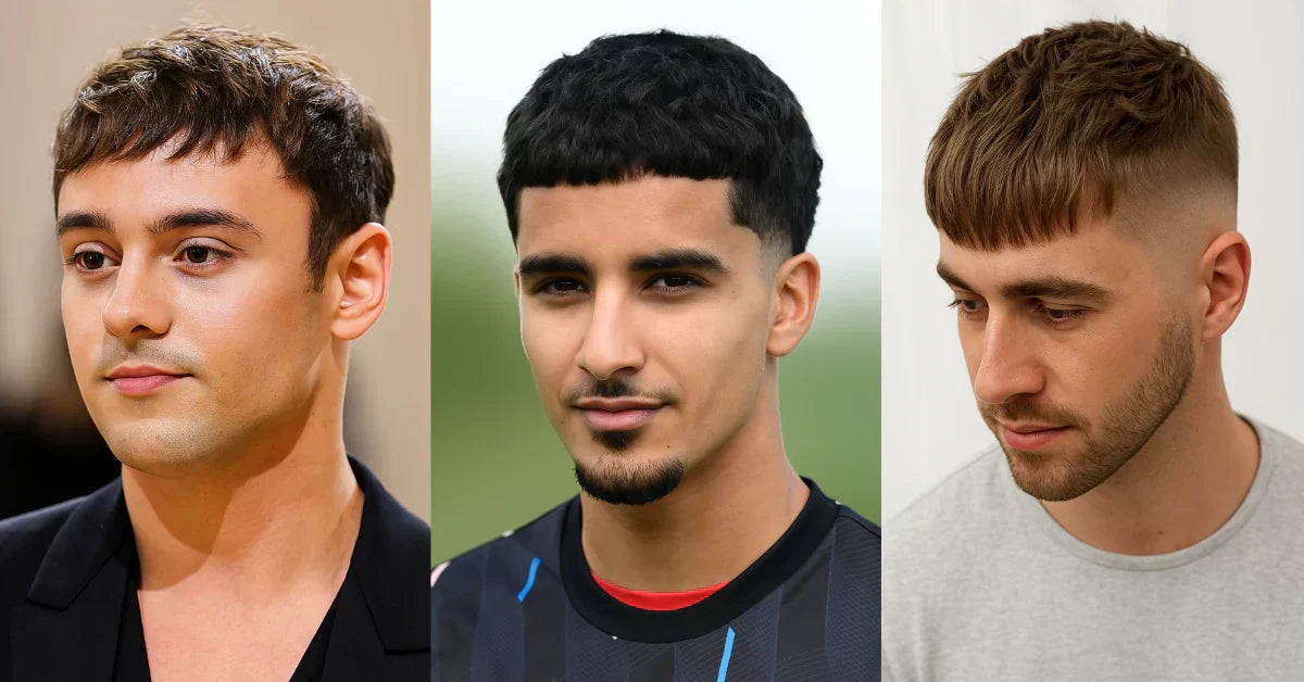 Men’s Caesar cut hairstyles with textured fringe, curly top fade, and modern straight fringe variations