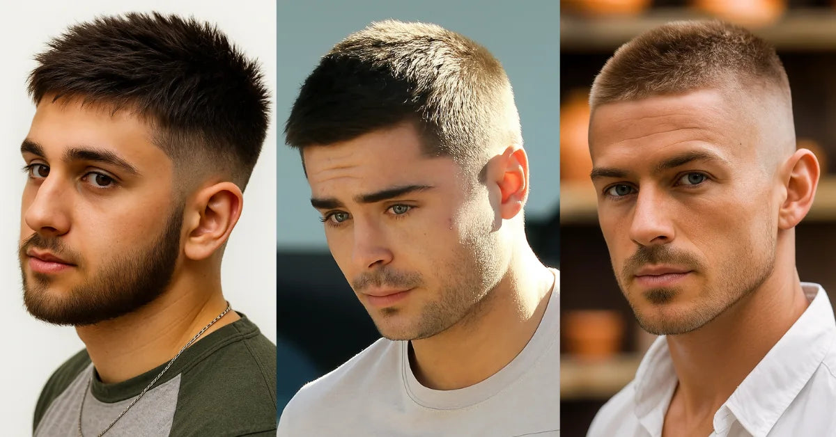 Three crew cut styles: textured crew cut fade, short classic crew cut, and military buzz crew cut with skin fade.