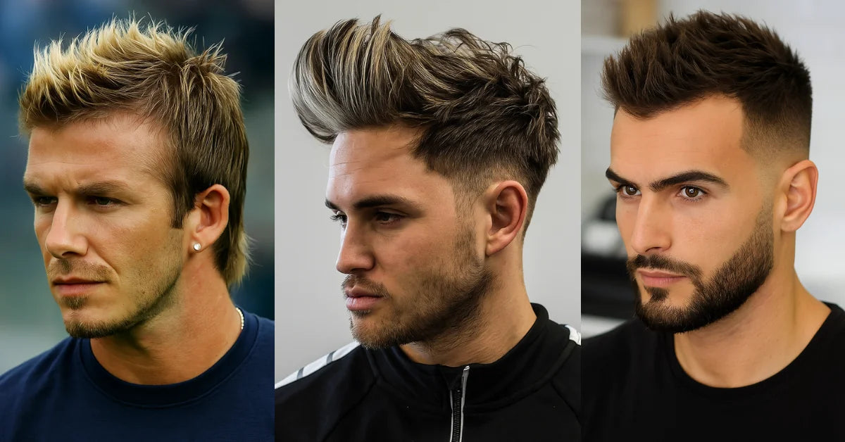 Side-by-side of Faux Hawk Mullet, Faux Hawk Pompadour, and Skin Fade Faux Hawk with sharp texture and volume.