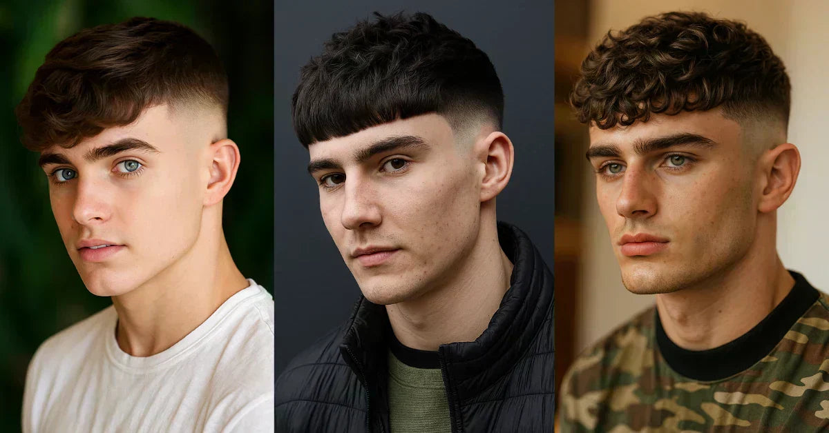 Side-by-side of wavy French crop, blunt fringe French crop fade, and curly French crop with clean skin fade.