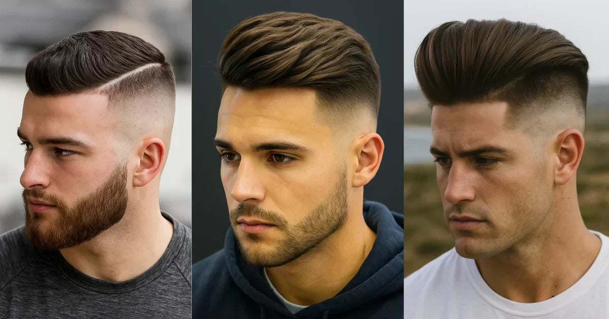 Three men with high fade haircuts styled with volume, texture, and clean skin fade sides