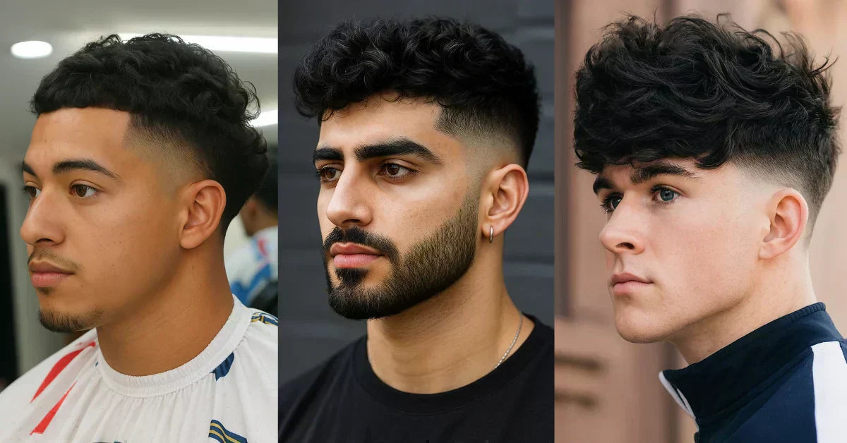 Mid taper fade hairstyles on men with curly, wavy, and voluminous textured hair paired with sharp faded sides.