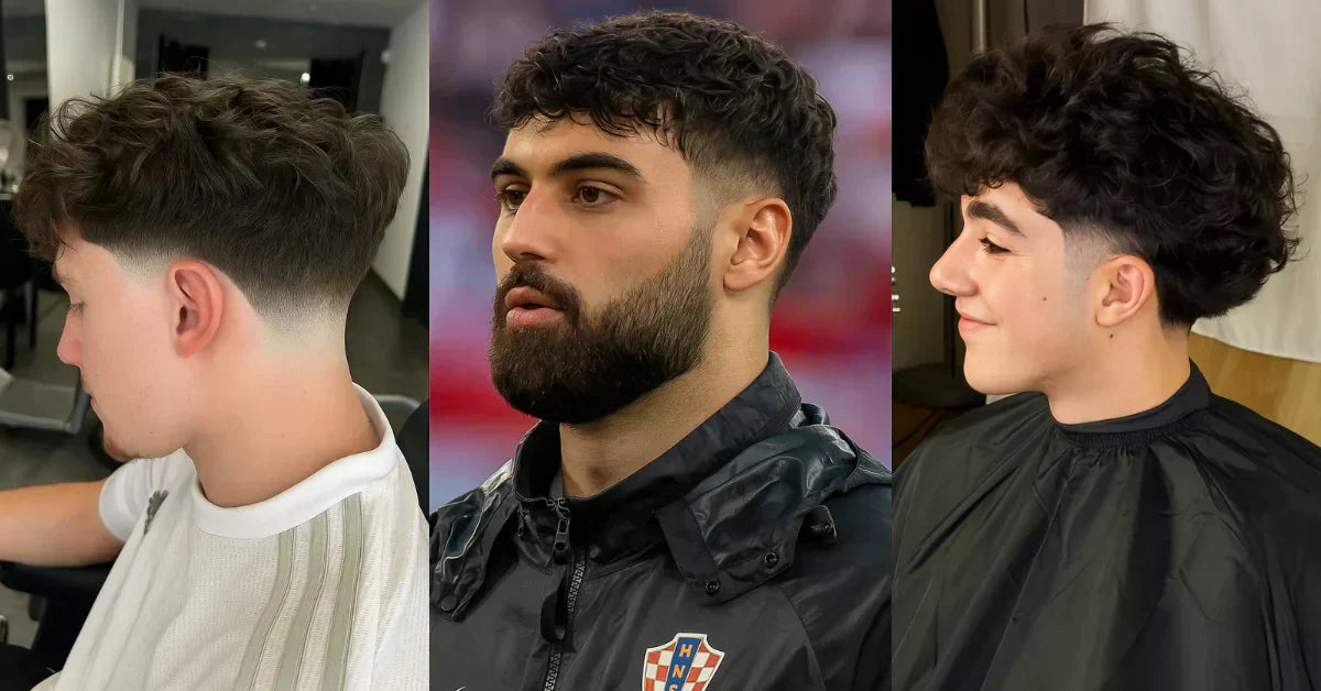 Three young men with mid taper haircuts featuring curly, straight, and thick textured style