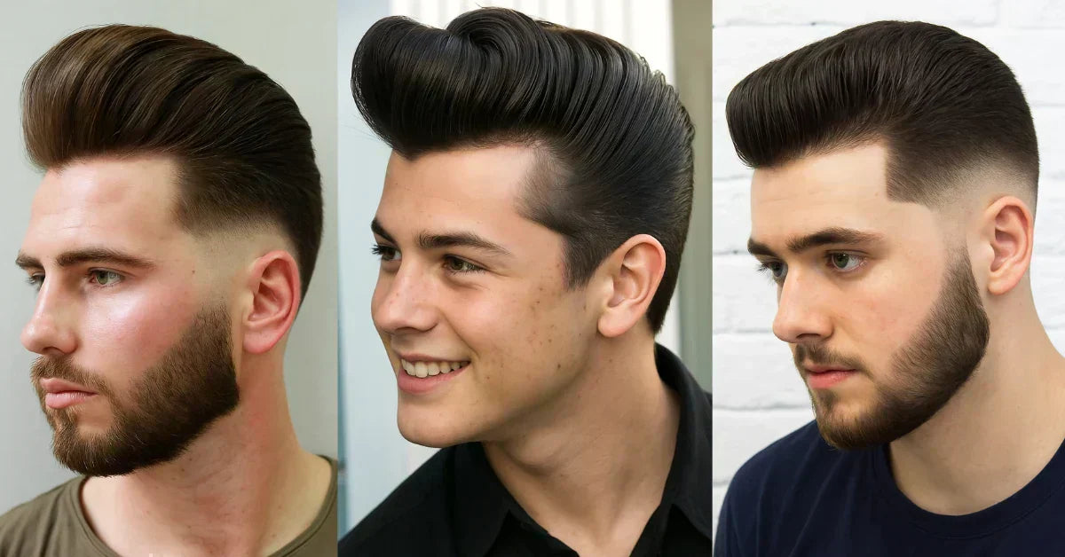 Side-by-side of high-volume pompadour styles with clean faded sides and smooth, sculpted brushed-back tops.