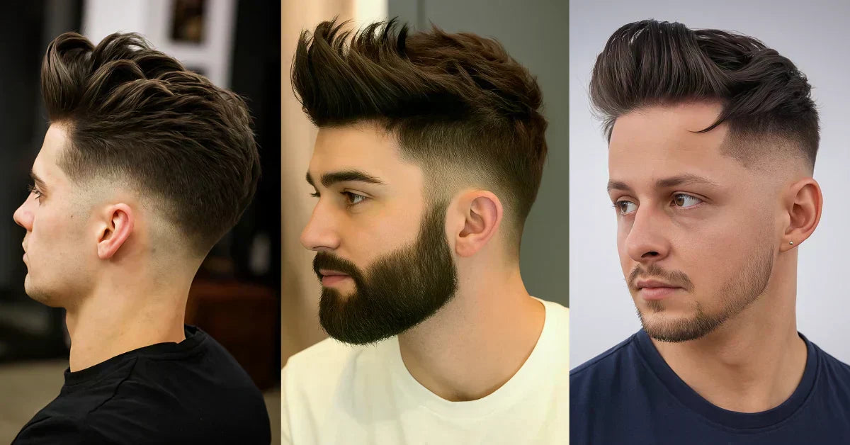 Trendy quiff hairstyles for men with faded sides, voluminous textured tops, and modern styling.