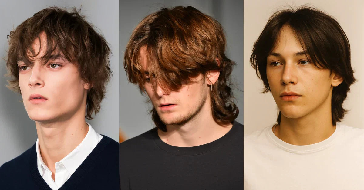 Side-by-side of shag haircut, layered wolf cut with bangs, and clean curtain bangs wolf cut on straight hair.