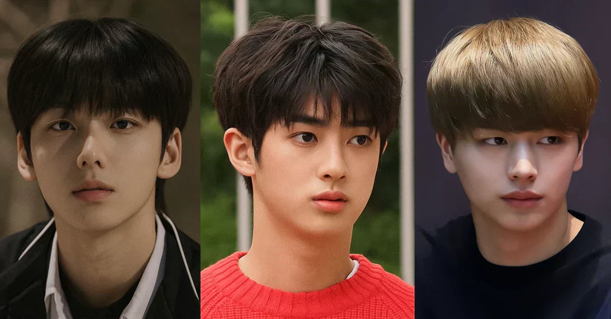 Modern bowl cut hairstyles for men with rounded layers, smooth texture, and clean Korean-inspired style.