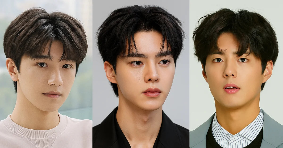 Korean comma hair for men featuring soft curved bangs and layered texture for a clean, modern look.