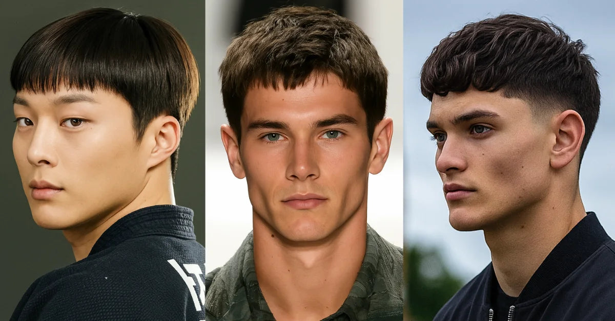 Modern crop haircut styles for men with short textured tops, straight fringes, and clean faded sides.