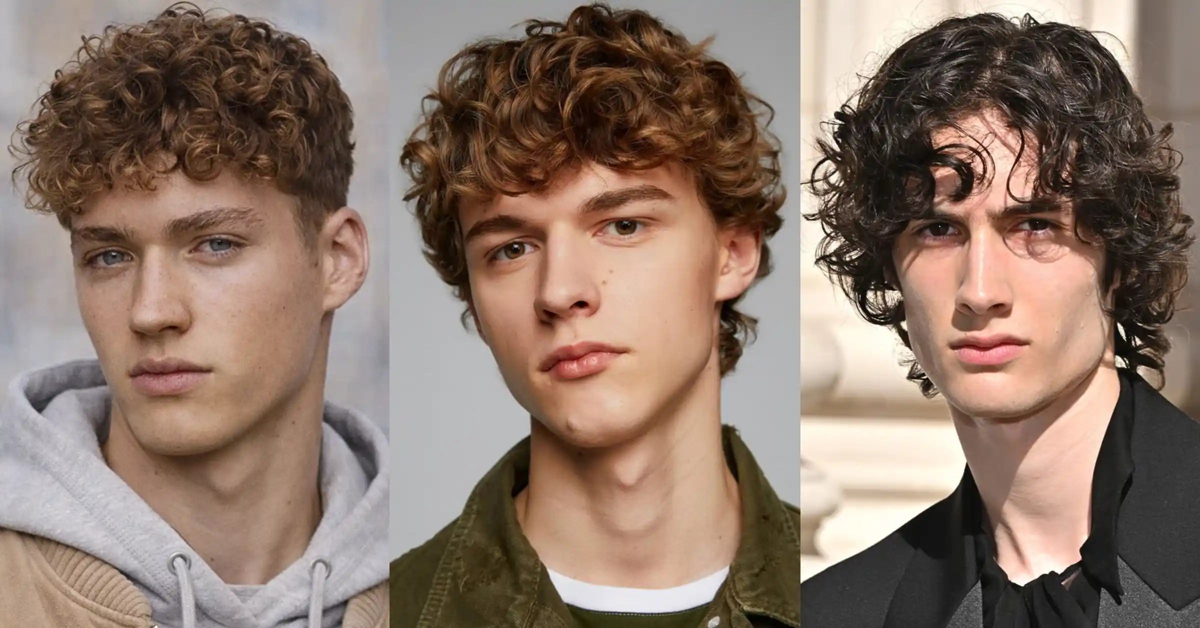 Curly hairstyles for men showing short tight curls, medium curly fringe, and longer messy curls with natural volume