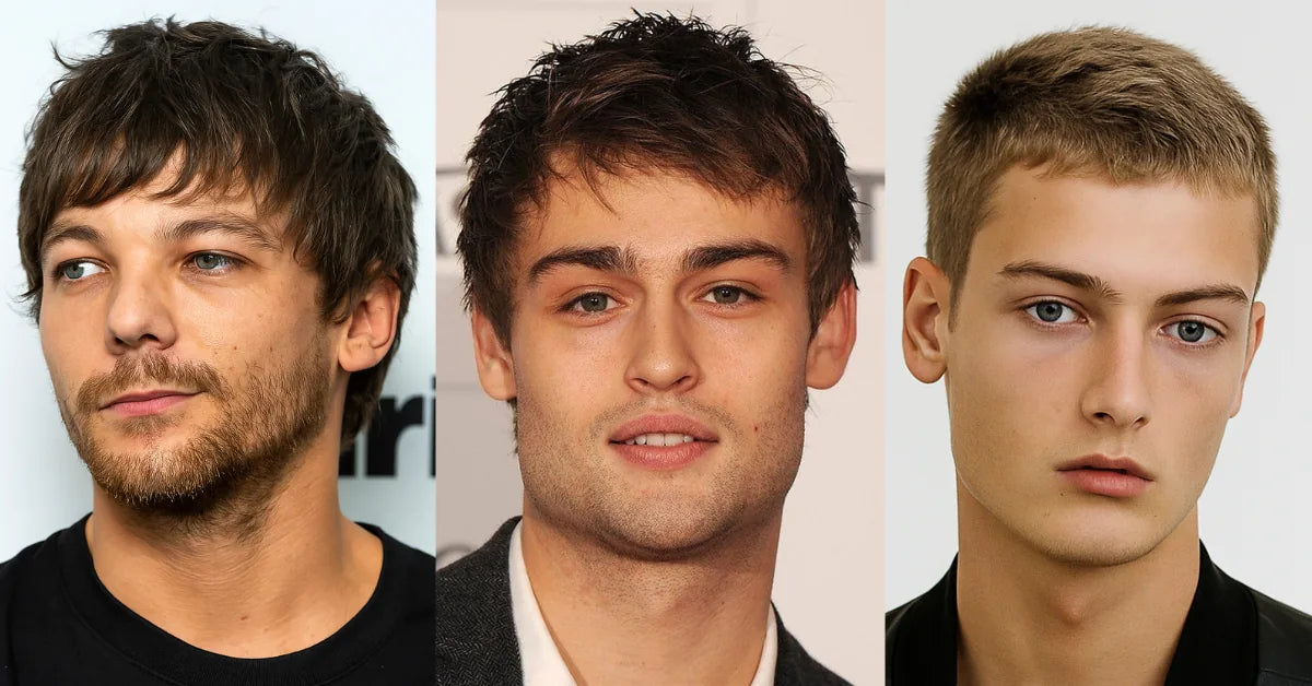 Three hairstyles for thinning hair including messy layered cut, textured crop, and textured fringe for fuller appearance.