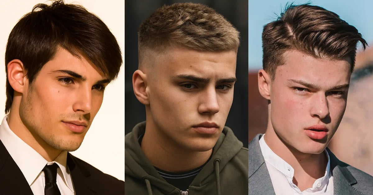 Teen boys with stylish haircuts including a side swept style, a buzz fade, and a textured comb over look.
