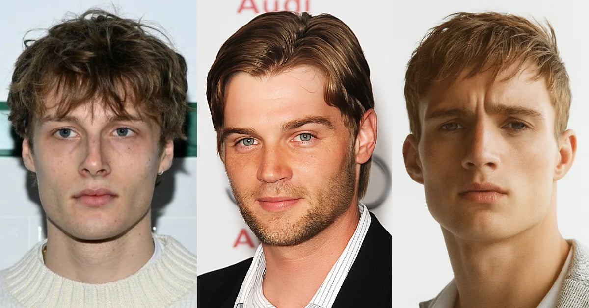 Men with messy fringe, middle part, and textured fringe showing different haircut styles for receding hairlines.