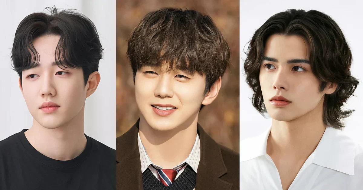 Korean hairstyles for men featuring a middle part, wavy layers, and textured fringe with natural flow.