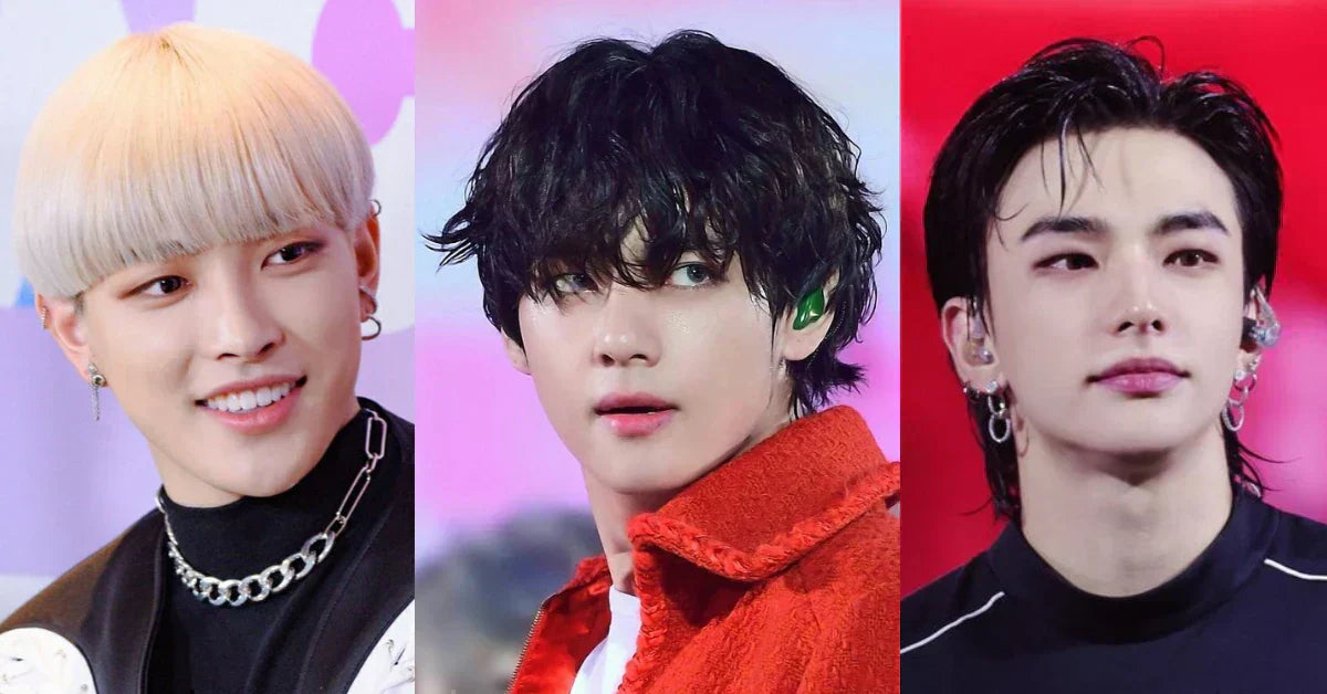 Three men with popular K-Pop hairstyles including a blonde bowl cut, wavy layered wolf cut, and sleek wet-look mullet.