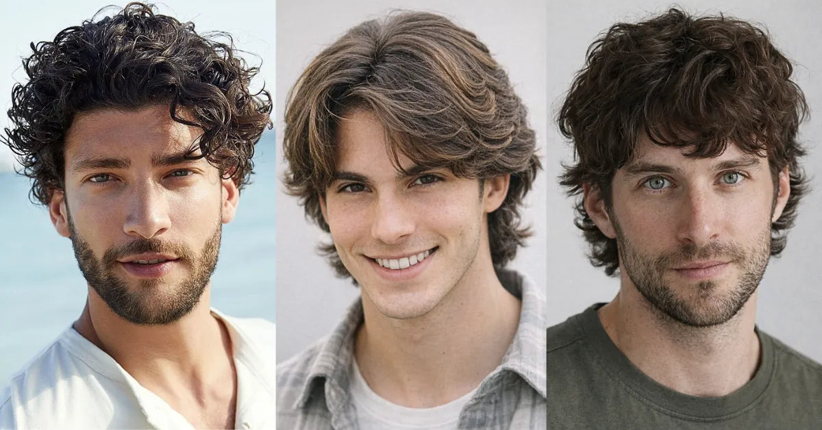 Layered haircuts showing curly layers, medium-length flow, and shaggy texture with natural volume and movement.