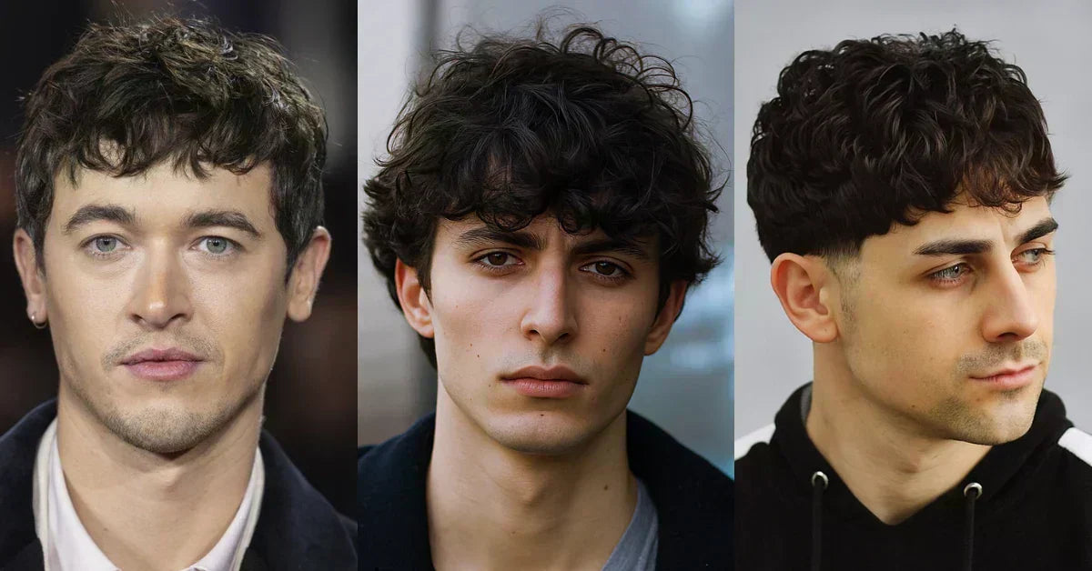 Men with messy hairstyles featuring textured waves, tousled curls, and natural volume for a relaxed modern look.