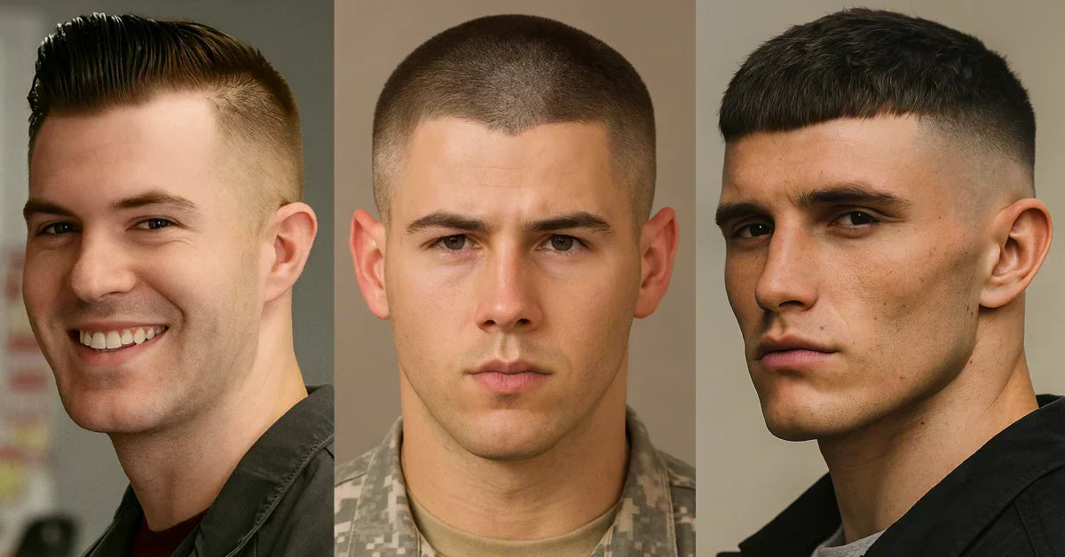 Military haircuts for men featuring flat top, buzz cut, and high fade styles with clean sharp looks.