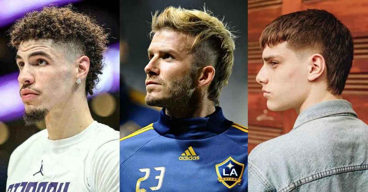 Trendy mullet haircuts for men featuring curly mullet, modern textured mullet, and sharp faded mullet styles