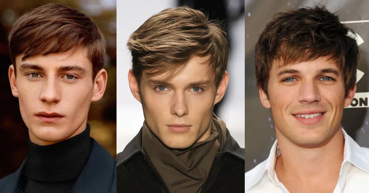 Side swept fringe hairstyles for men with layered cuts and soft textured hair brushed to one side.