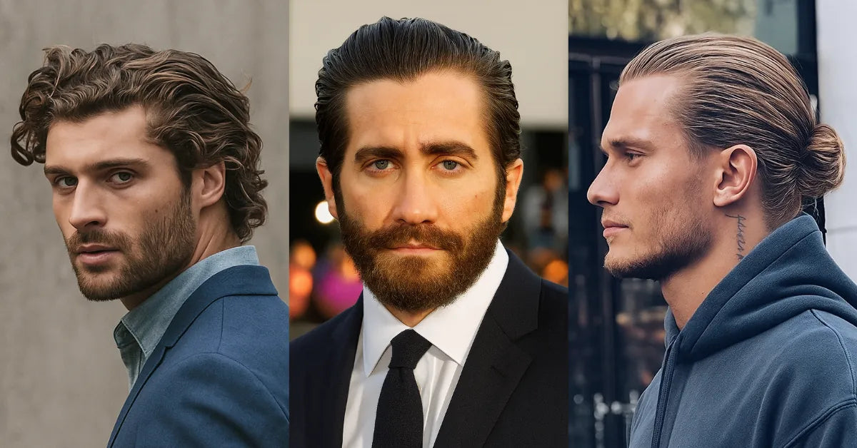 Stylish slick back hairstyles for men featuring curly slick back, classic slick back, and slick back bun looks