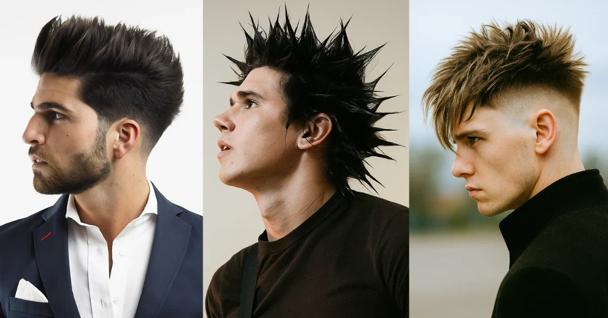 Trendy spiky hairstyles for men with textured volume, liberty spikes, and modern fade styles for bold edgy looks