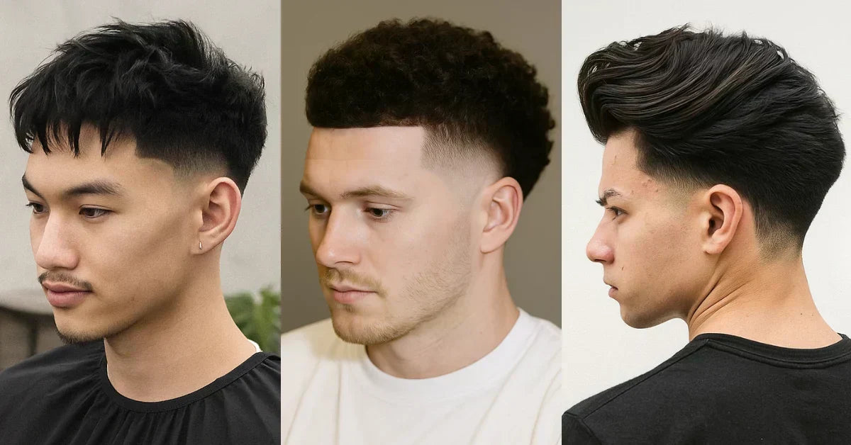 Temple fade haircuts for men featuring textured tops, sharp faded sides, and modern clean styles.
