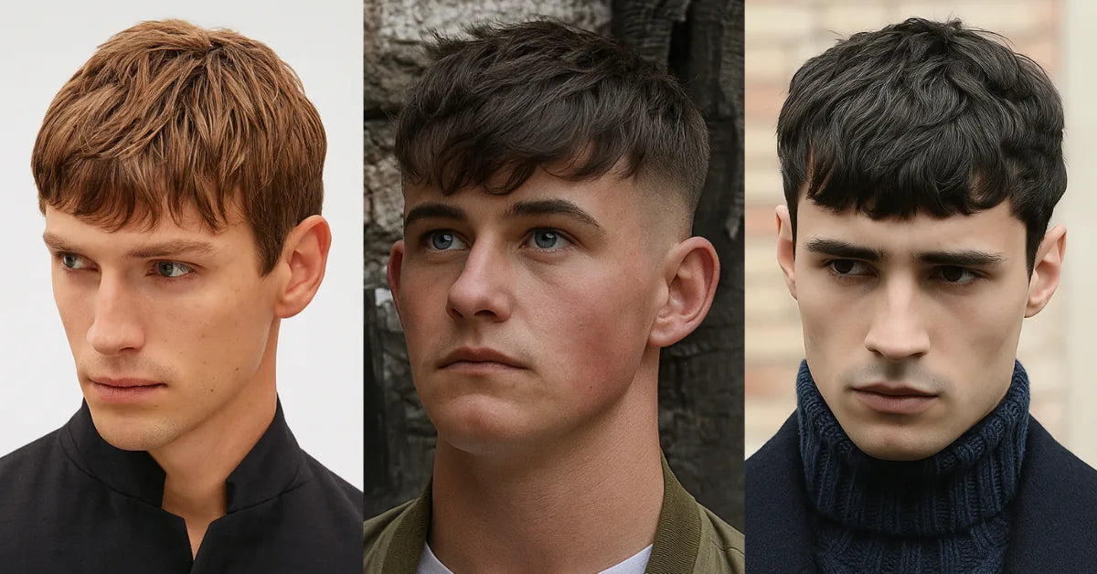 Men with textured crop haircuts featuring layered tops and short faded sides shown in three modern variations.