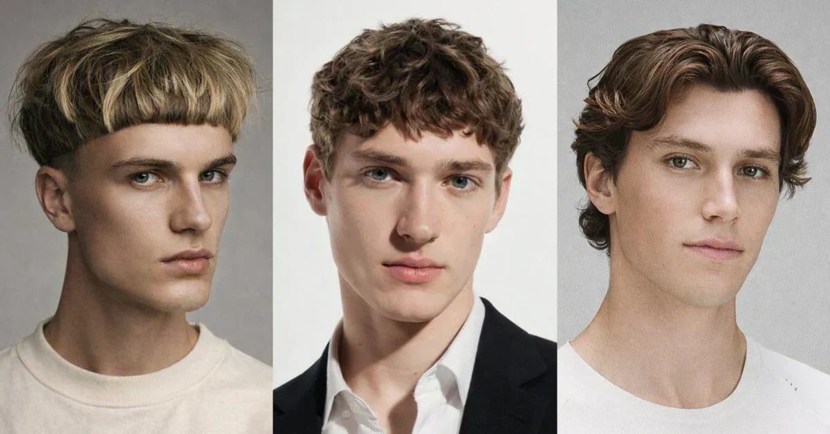Thick hair hairstyle collage: blonde bowl cut, curly textured crop, and medium-length wavy flow