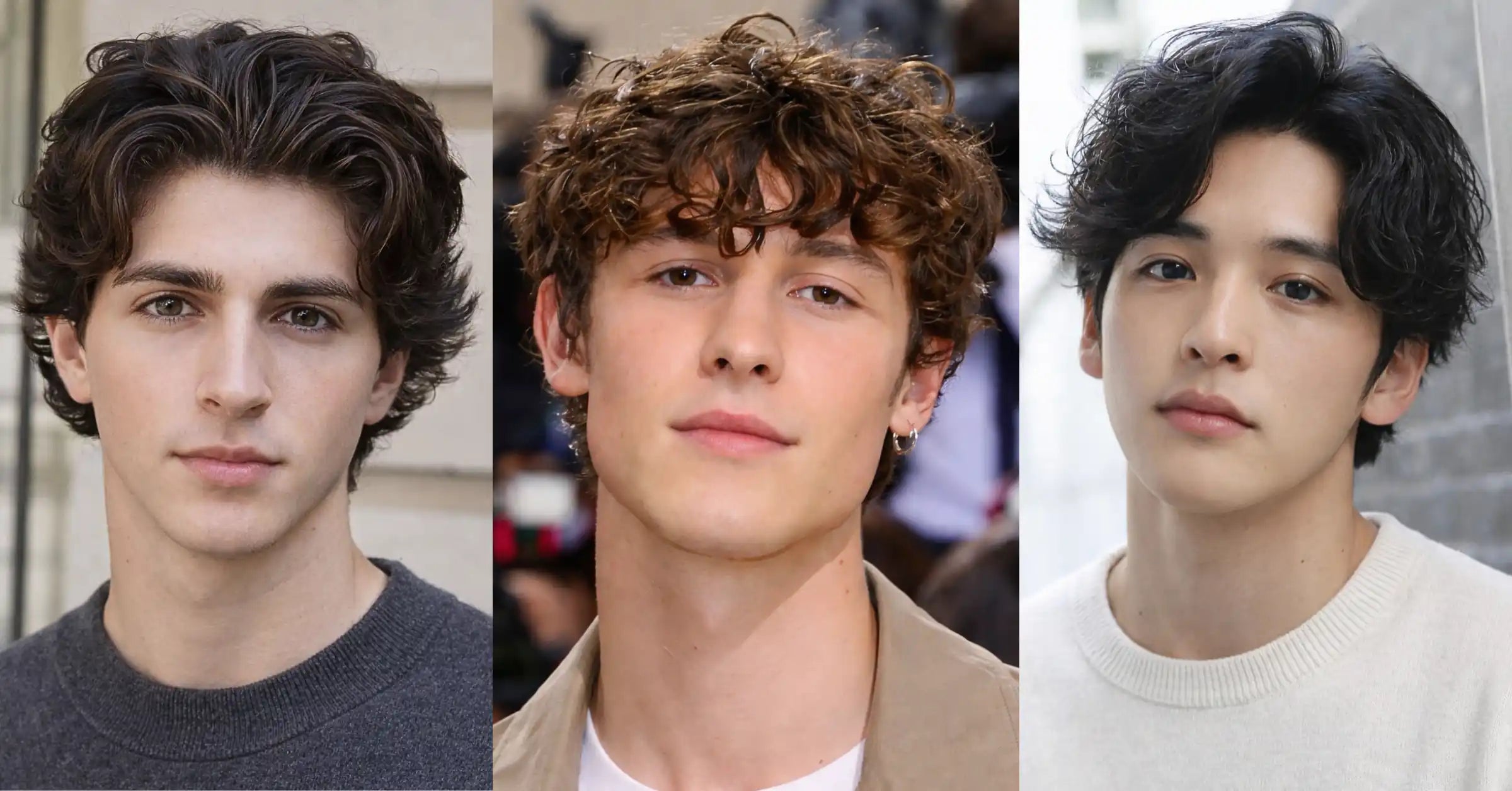 Wavy hairstyles for men showing medium-length textured waves with natural volume and soft curtain-style parts