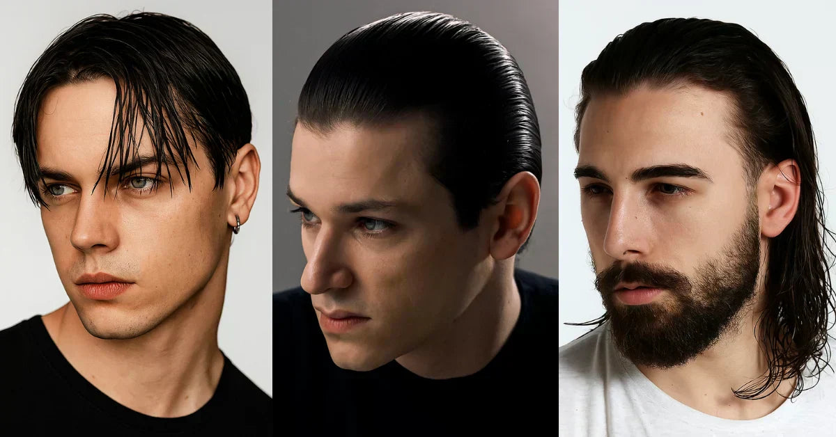 Men with wet look hairstyles including slicked back hair, middle part wet style, and long glossy combed-back hair.
