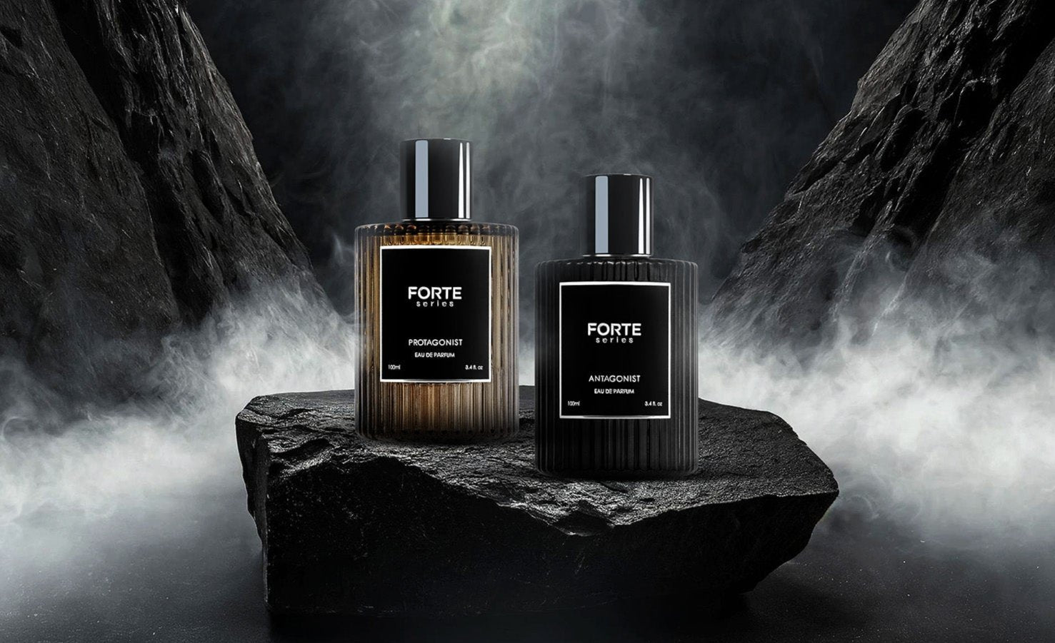 Perfume bottle on geometric platform, labeled 'Forte Series Protagonist Eau de Parfum.'