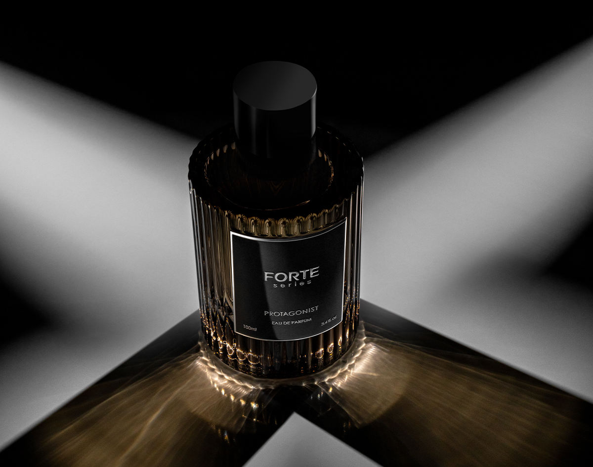 Black perfume bottle labeled 'Forte Series Antagonist' on a dark background.